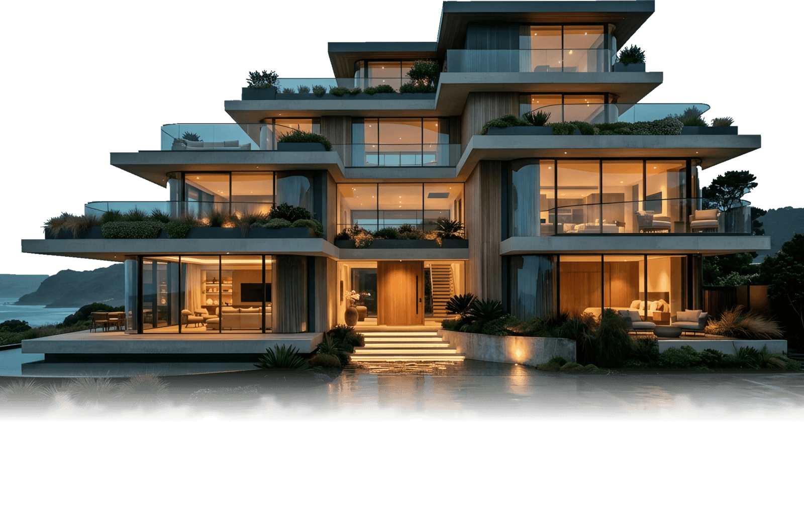 Laxminarayan modern multi-level luxury villa with layered illuminated terraces at dusk